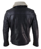 Chaqueta de hombre de cuero auténtico negro y marrón con cuello de piel de oveja y cierre de cremallera corto con botones - Negro