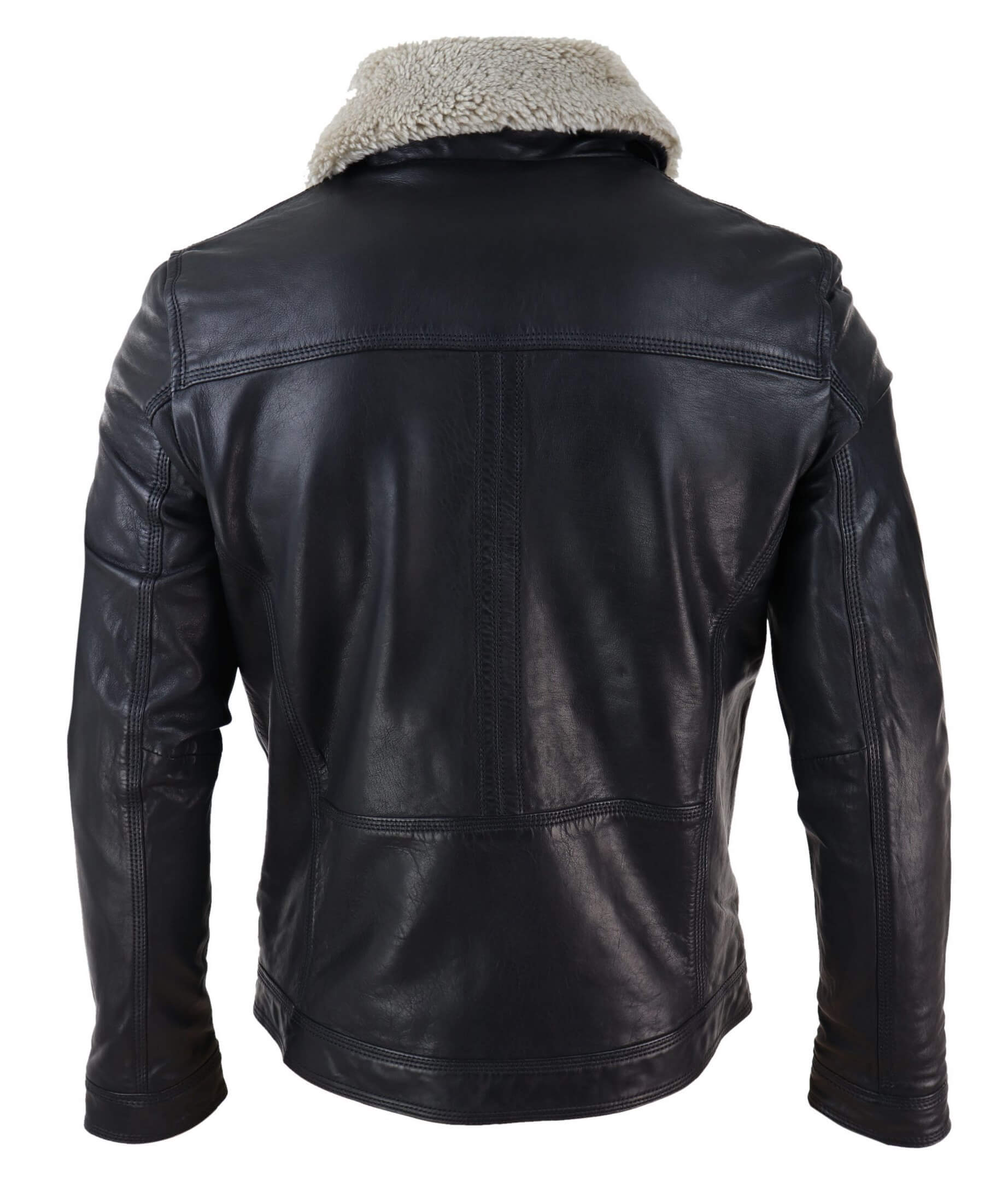 Chaqueta de hombre de cuero auténtico negro y marrón con cuello de piel de oveja y cierre de cremallera corto con botones - Negro