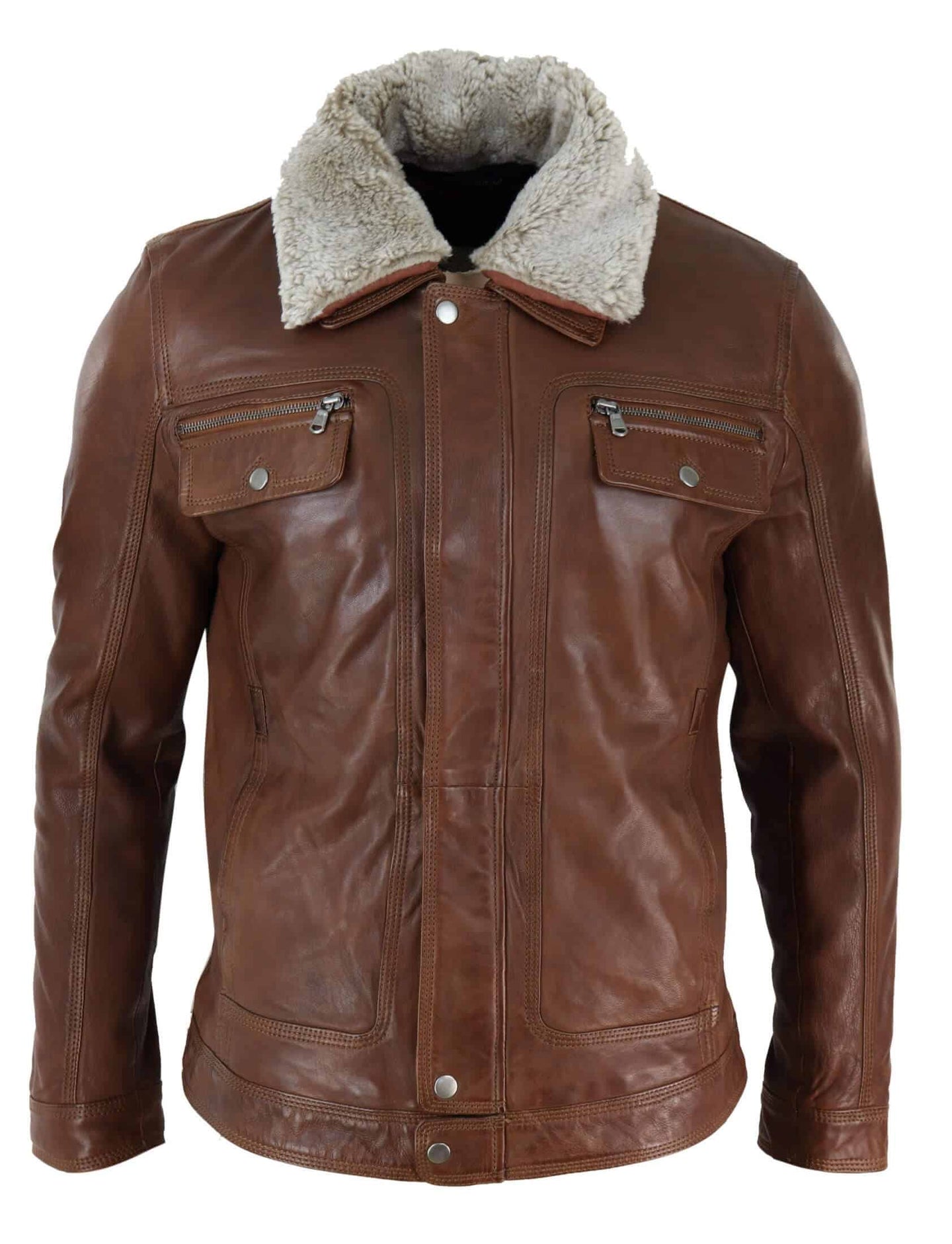 Chaqueta de hombre de cuero auténtico negro y marrón con cuello de piel de oveja y cierre de cremallera corto con botones - Timber