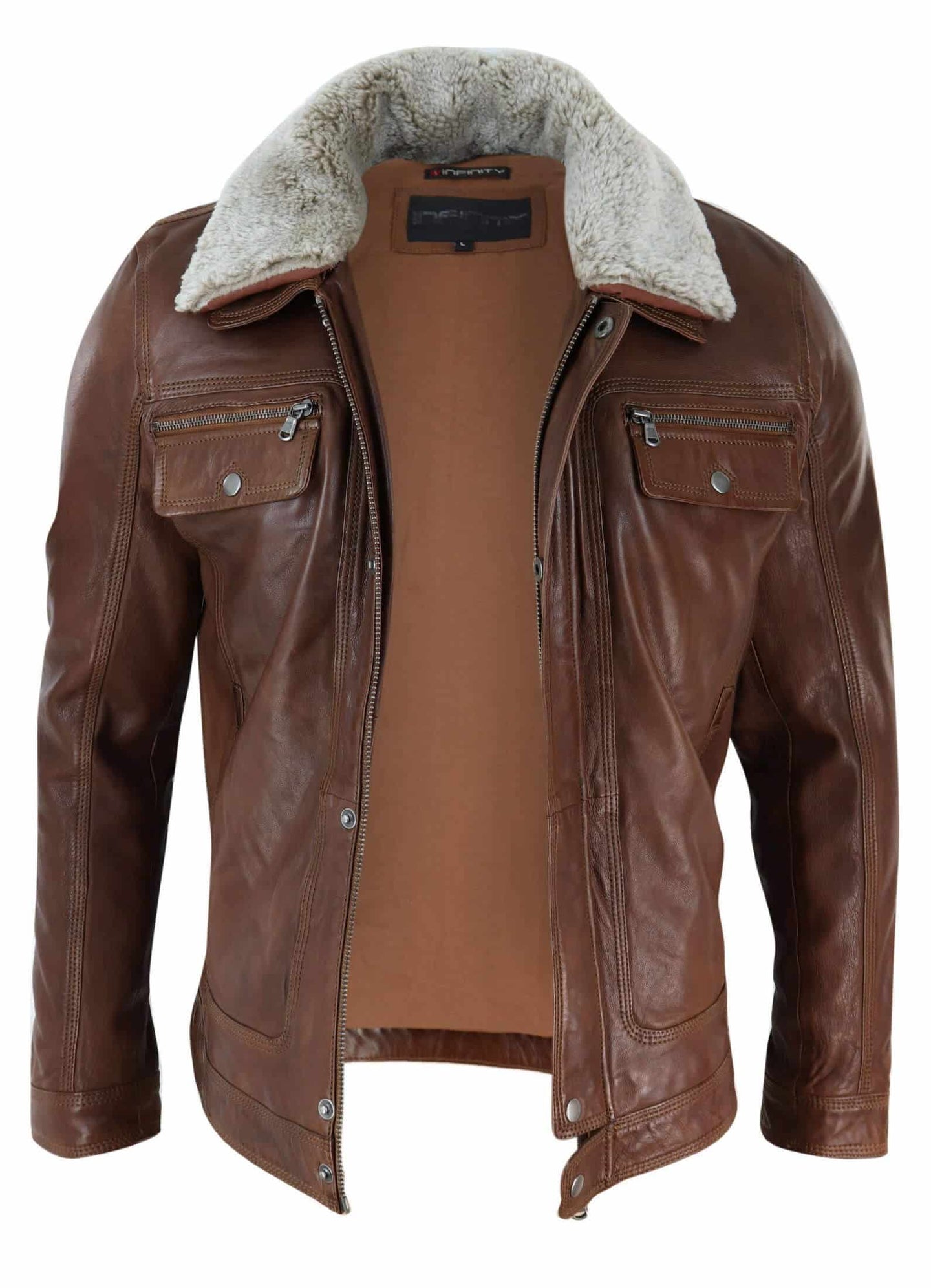Chaqueta de hombre de cuero auténtico negro y marrón con cuello de piel de oveja y cierre de cremallera corto con botones - Timber