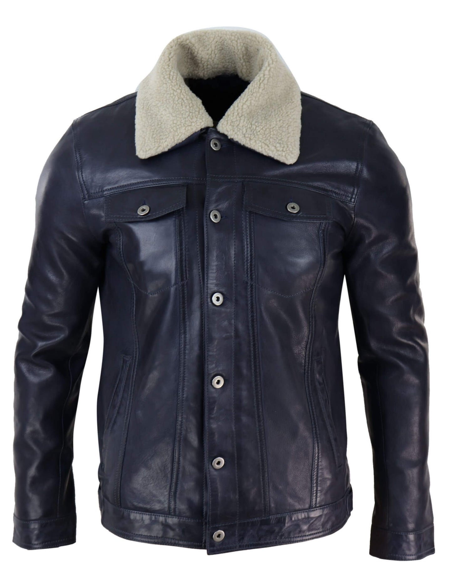 Chaqueta vaquera de cuero auténtico para hombre con cuello de piel, estilo retro vintage clásico azul marino informal.