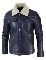 Chaqueta vaquera de cuero auténtico para hombre con cuello de piel, estilo retro vintage clásico azul marino informal.