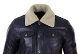 Chaqueta vaquera de cuero auténtico para hombre con cuello de piel, estilo retro vintage clásico azul marino informal.