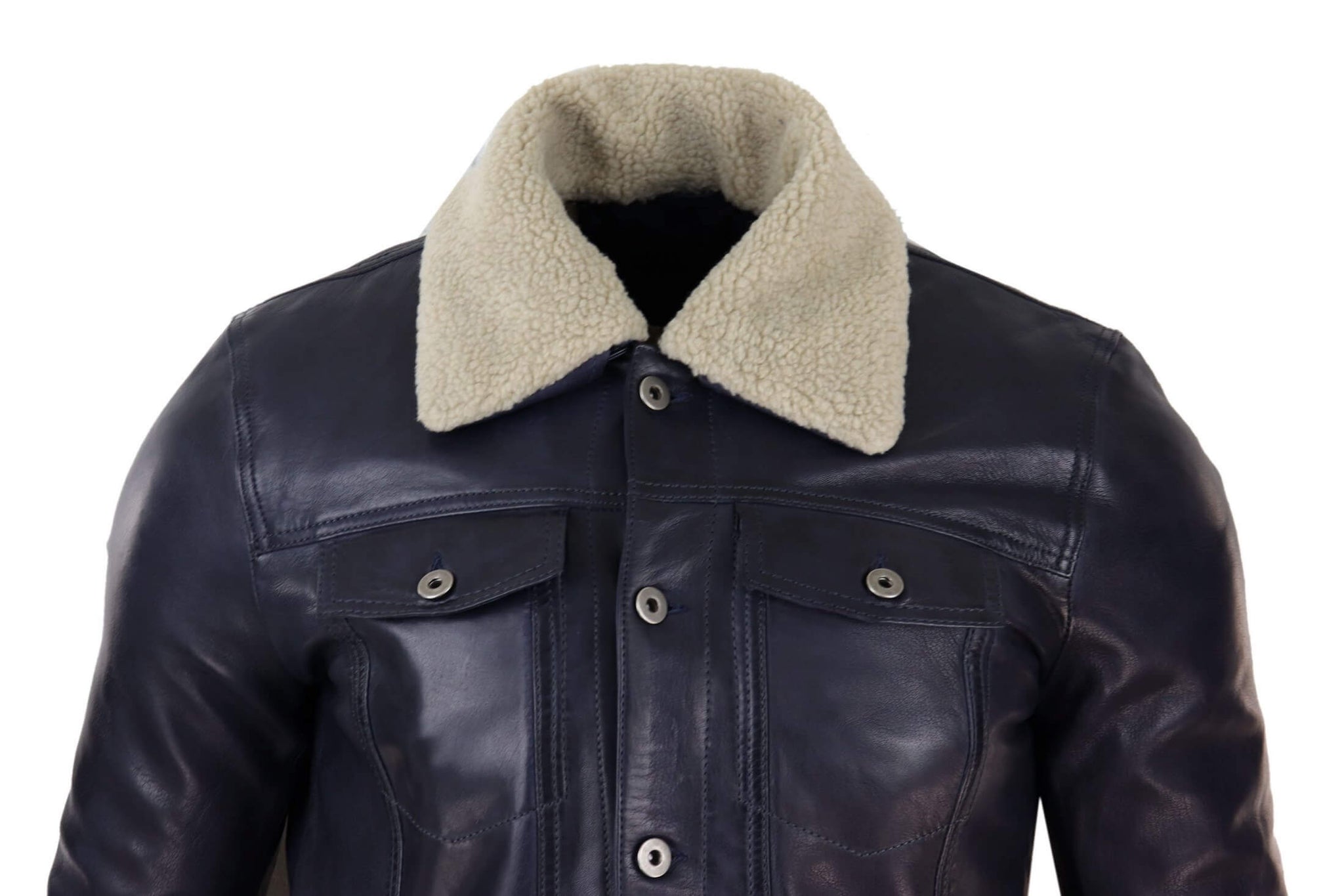 Chaqueta vaquera de cuero auténtico para hombre con cuello de piel, estilo retro vintage clásico azul marino informal.