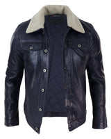Chaqueta vaquera de cuero auténtico para hombre con cuello de piel, estilo retro vintage clásico azul marino informal.