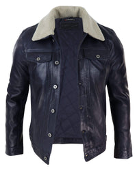 Chaqueta vaquera de cuero auténtico para hombre con cuello de piel, estilo retro vintage clásico azul marino informal.