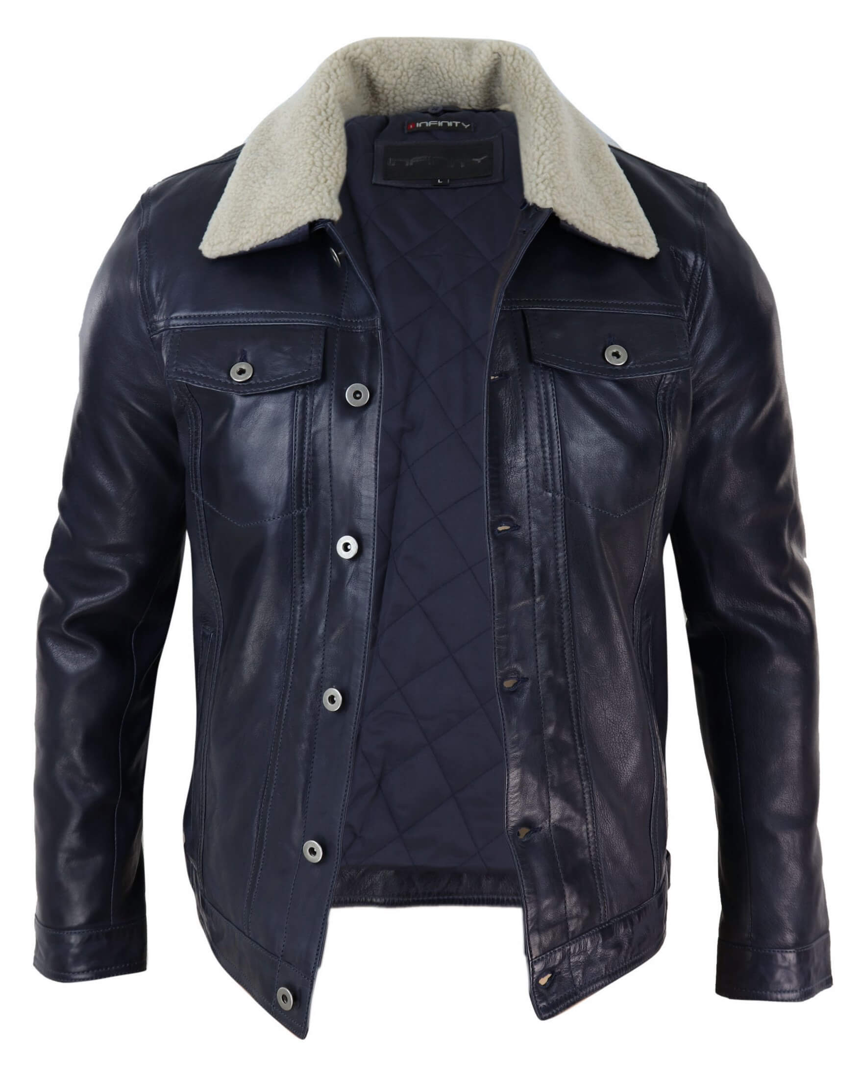 Chaqueta vaquera de cuero auténtico para hombre con cuello de piel, estilo retro vintage clásico azul marino informal.