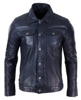 Chaqueta vaquera de cuero auténtico para hombre con cuello de piel, estilo retro vintage clásico azul marino informal.