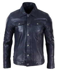 Chaqueta vaquera de cuero auténtico para hombre con cuello de piel, estilo retro vintage clásico azul marino informal.