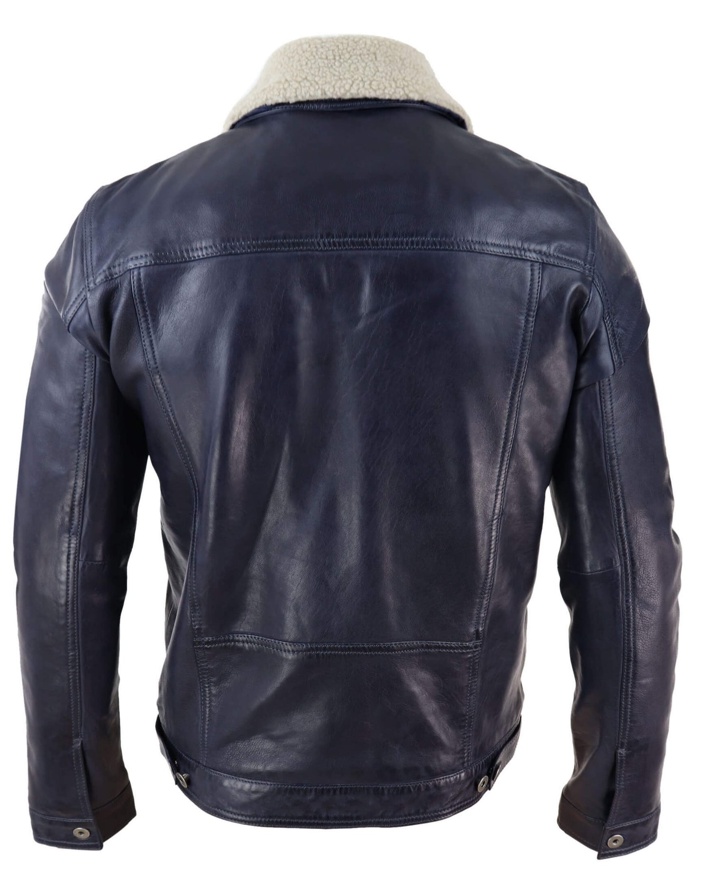 Chaqueta vaquera de cuero auténtico para hombre con cuello de piel, estilo retro vintage clásico azul marino informal.