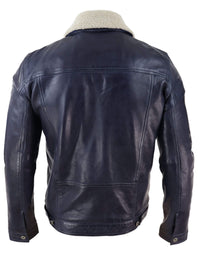 Chaqueta vaquera de cuero auténtico para hombre con cuello de piel, estilo retro vintage clásico azul marino informal.