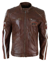 Chaqueta de carreras para hombre de cuero auténtico negro, azul marino y marrón con mangas a rayas, estilo motero - Timber