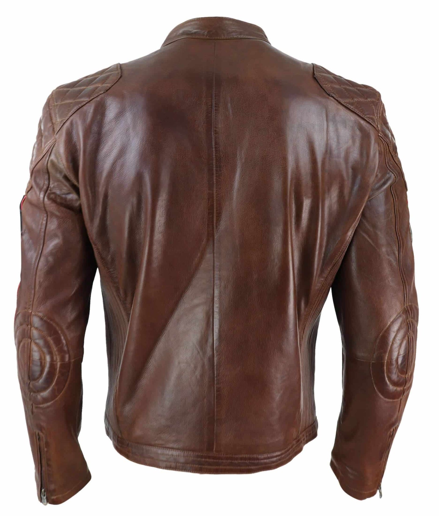 Chaqueta de carreras para hombre de cuero auténtico negro, azul marino y marrón con mangas a rayas, estilo motero - Timber