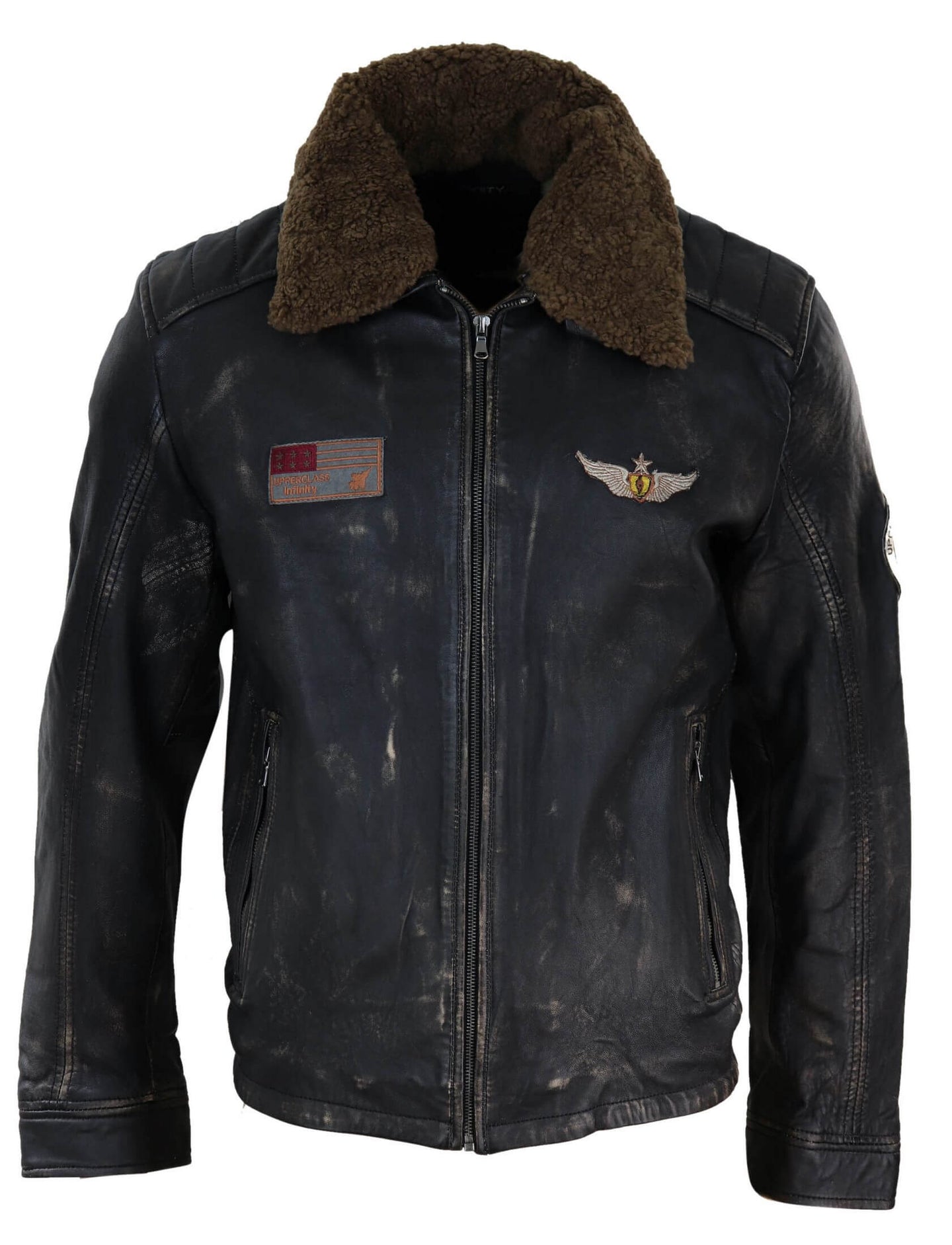 Chaqueta de cuero vintage para hombre con cuello de piel