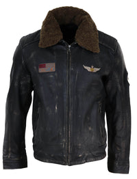 Chaqueta de cuero vintage para hombre con cuello de piel