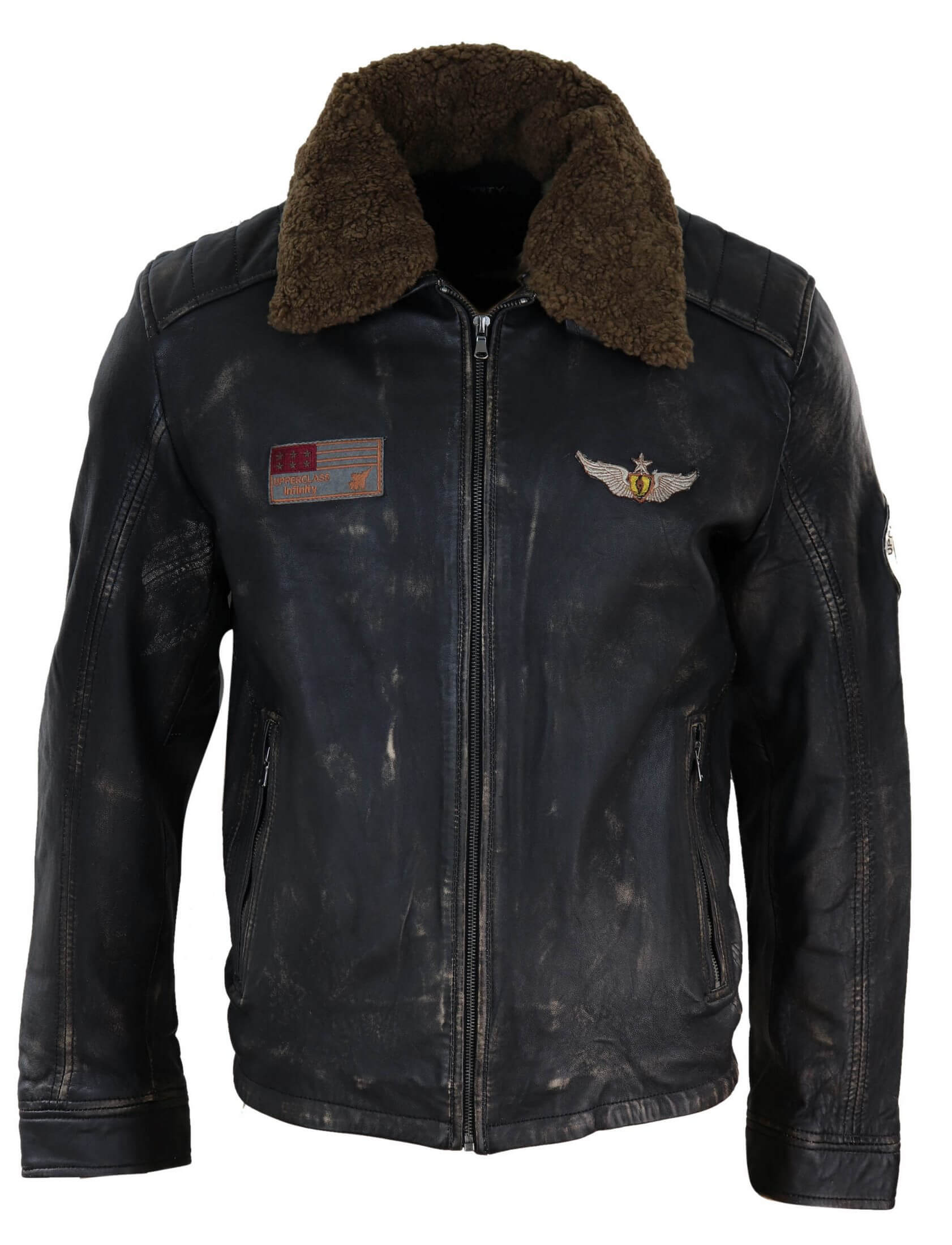 Chaqueta de cuero vintage para hombre con cuello de piel