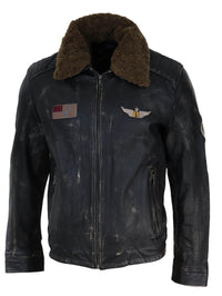 Chaqueta de cuero vintage para hombre con cuello de piel