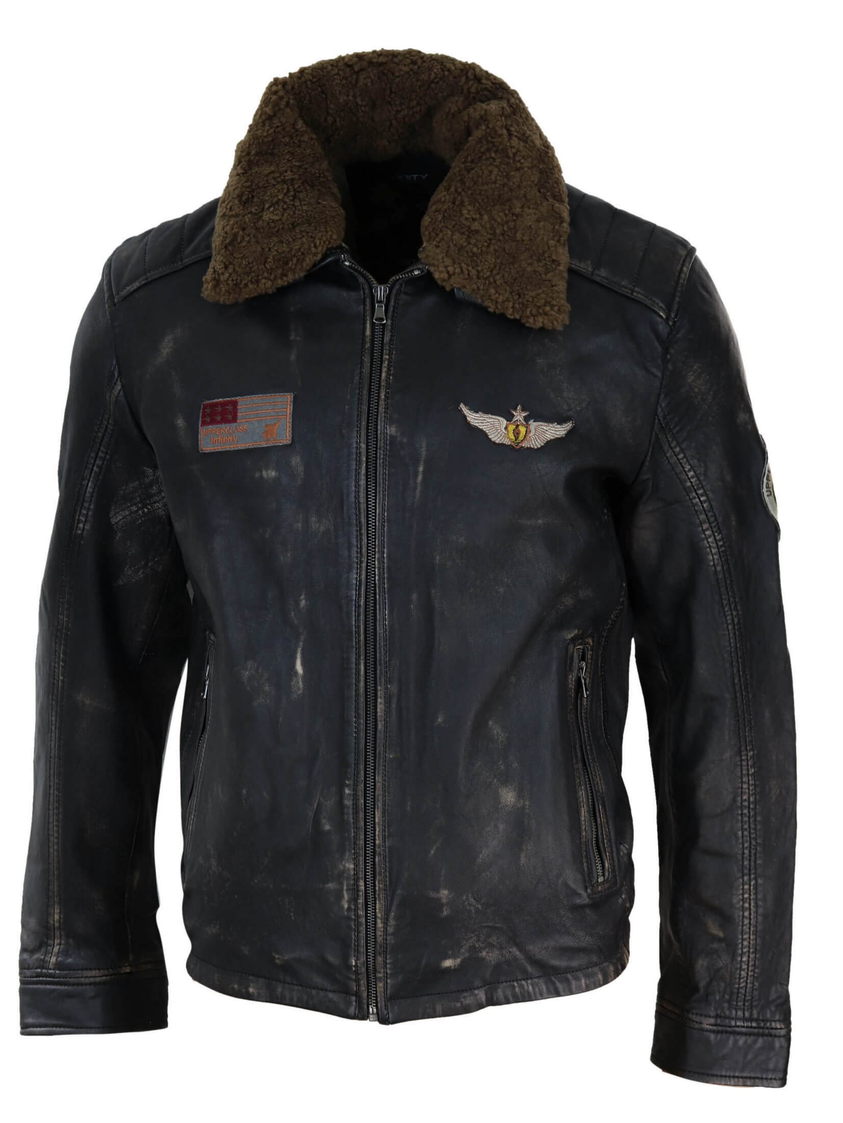 Chaqueta de cuero vintage para hombre con cuello de piel