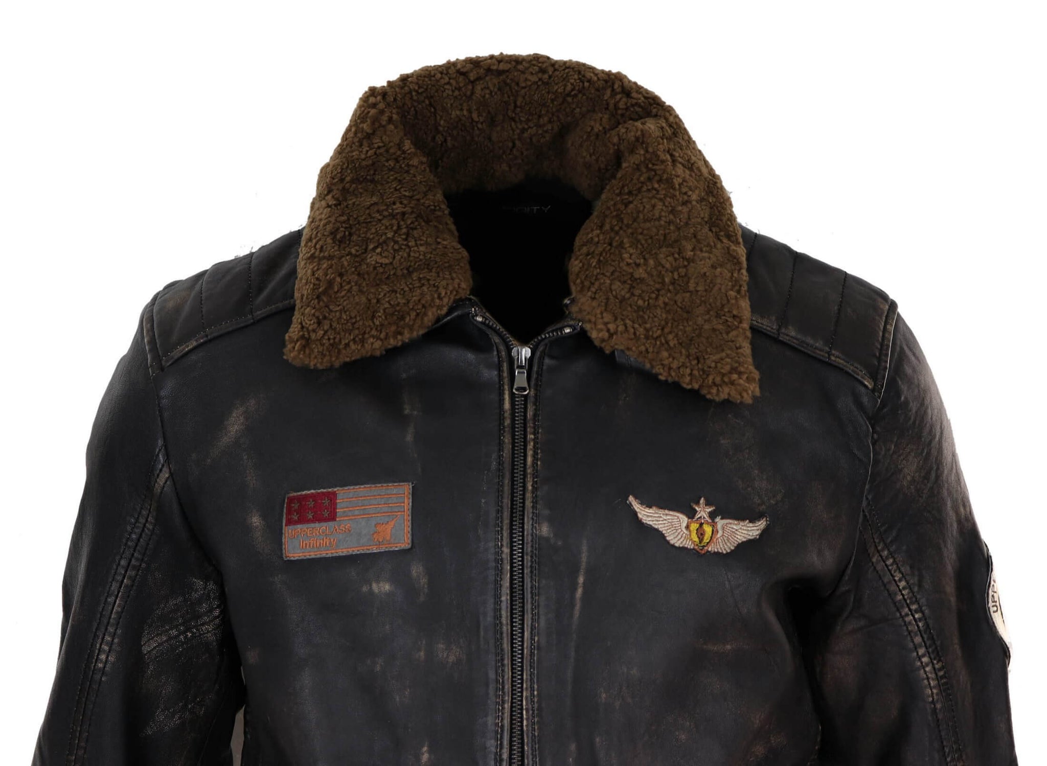 Chaqueta de cuero vintage para hombre con cuello de piel