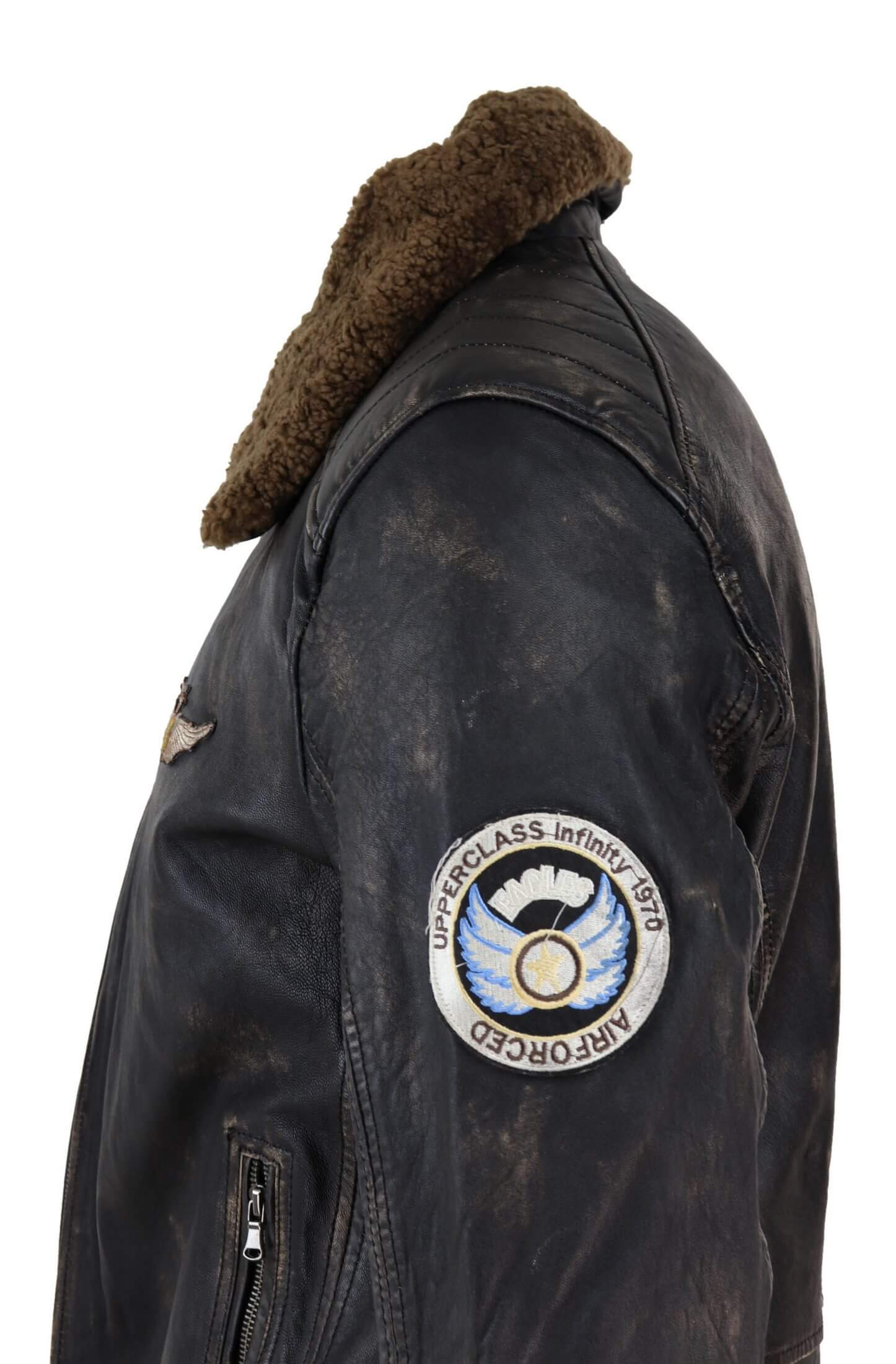 Chaqueta de cuero vintage para hombre con cuello de piel