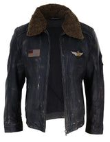 Chaqueta de cuero vintage para hombre con cuello de piel