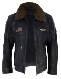 Chaqueta de cuero vintage para hombre con cuello de piel