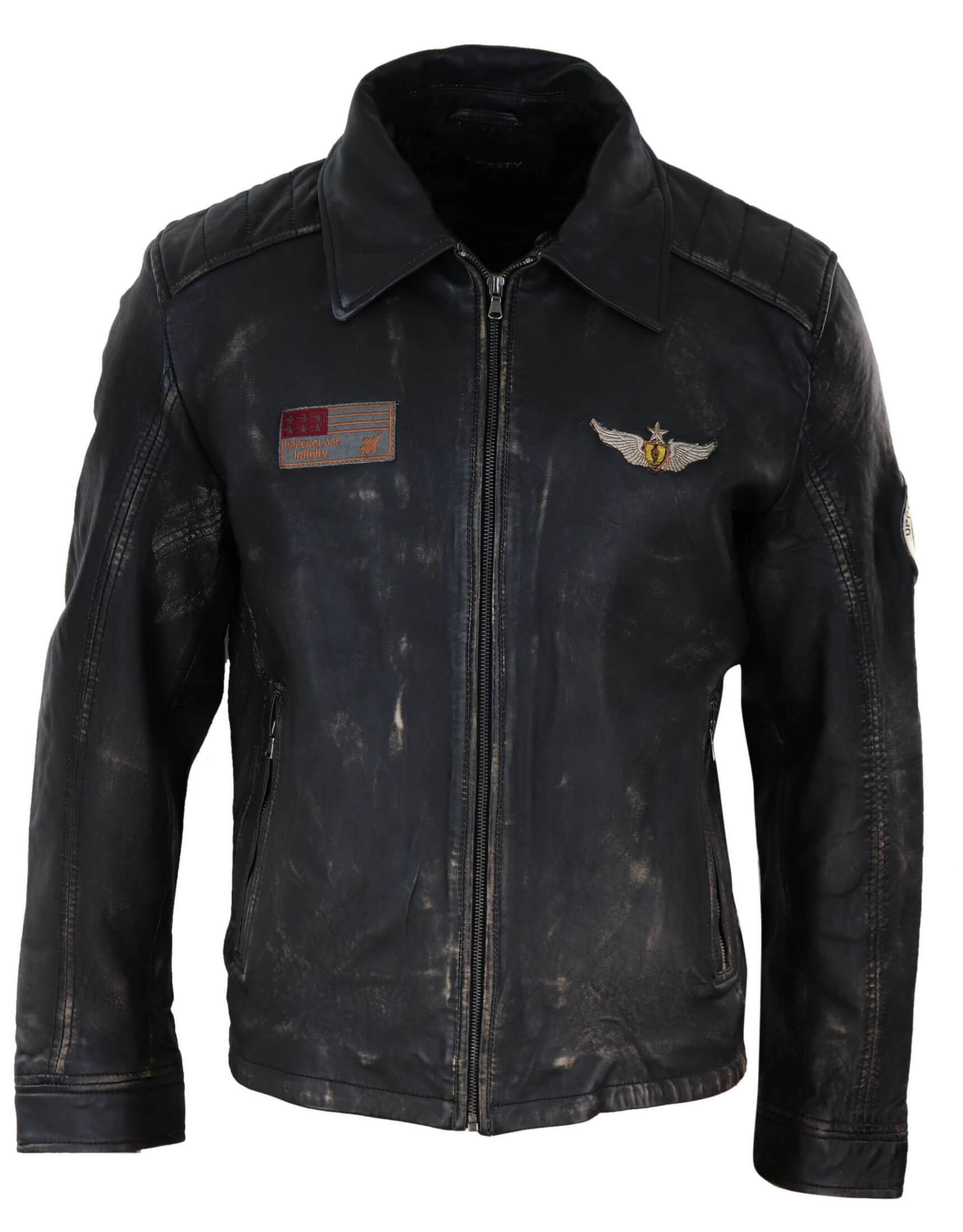 Chaqueta de cuero vintage para hombre con cuello de piel
