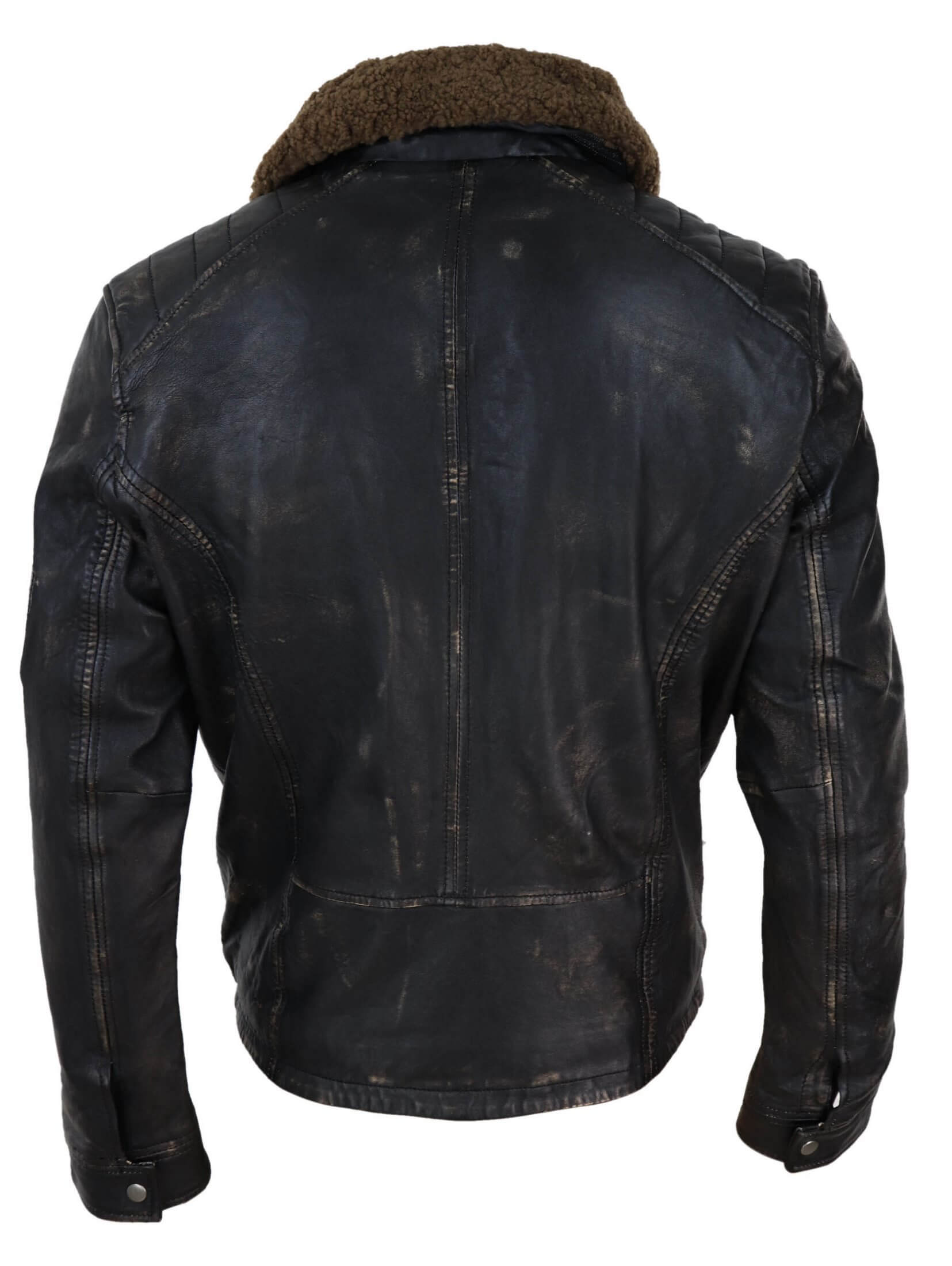 Chaqueta de cuero vintage para hombre con cuello de piel