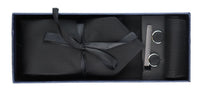 Conjunto de regalo de corbata negra texturizada de seda satinada con pañuelo de bolsillo, gemelos y corbata de satén mate.