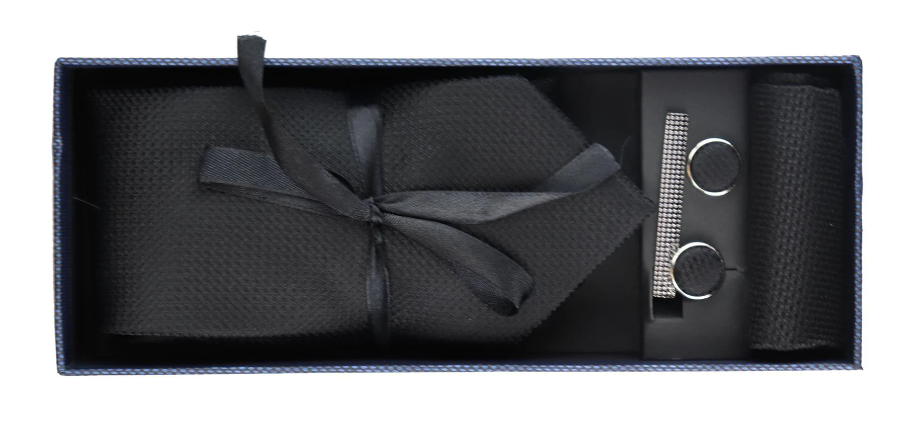 Conjunto de regalo de corbata negra texturizada de seda satinada con pañuelo de bolsillo, gemelos y corbata de satén mate.