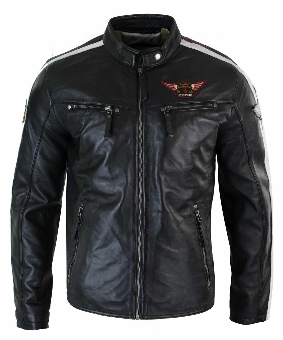 Chaqueta de motociclista negra de cuero auténtico para hombre, con cremallera y rayas rojas y blancas.