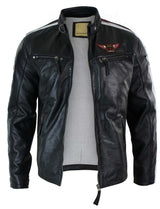 Chaqueta de motociclista negra de cuero auténtico para hombre, con cremallera y rayas rojas y blancas.