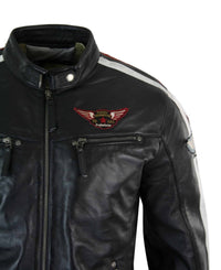 Chaqueta de motociclista negra de cuero auténtico para hombre, con cremallera y rayas rojas y blancas.