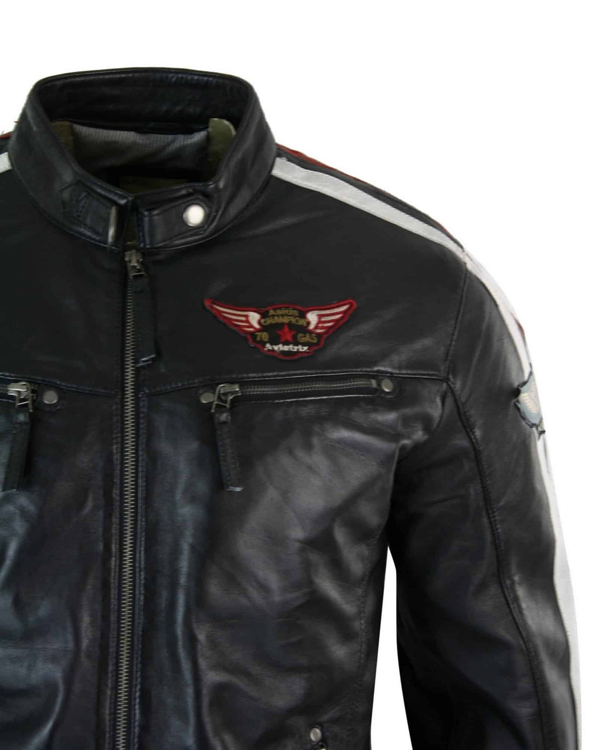 Chaqueta de motociclista negra de cuero auténtico para hombre, con cremallera y rayas rojas y blancas.
