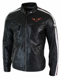 Chaqueta de motociclista negra de cuero auténtico para hombre, con cremallera y rayas rojas y blancas.