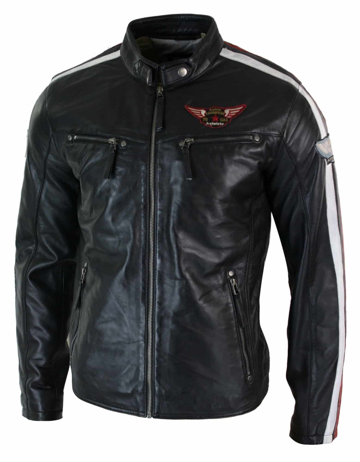 Chaqueta de motociclista negra de cuero auténtico para hombre, con cremallera y rayas rojas y blancas.
