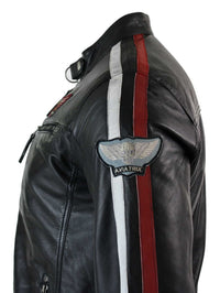 Chaqueta de motociclista negra de cuero auténtico para hombre, con cremallera y rayas rojas y blancas.
