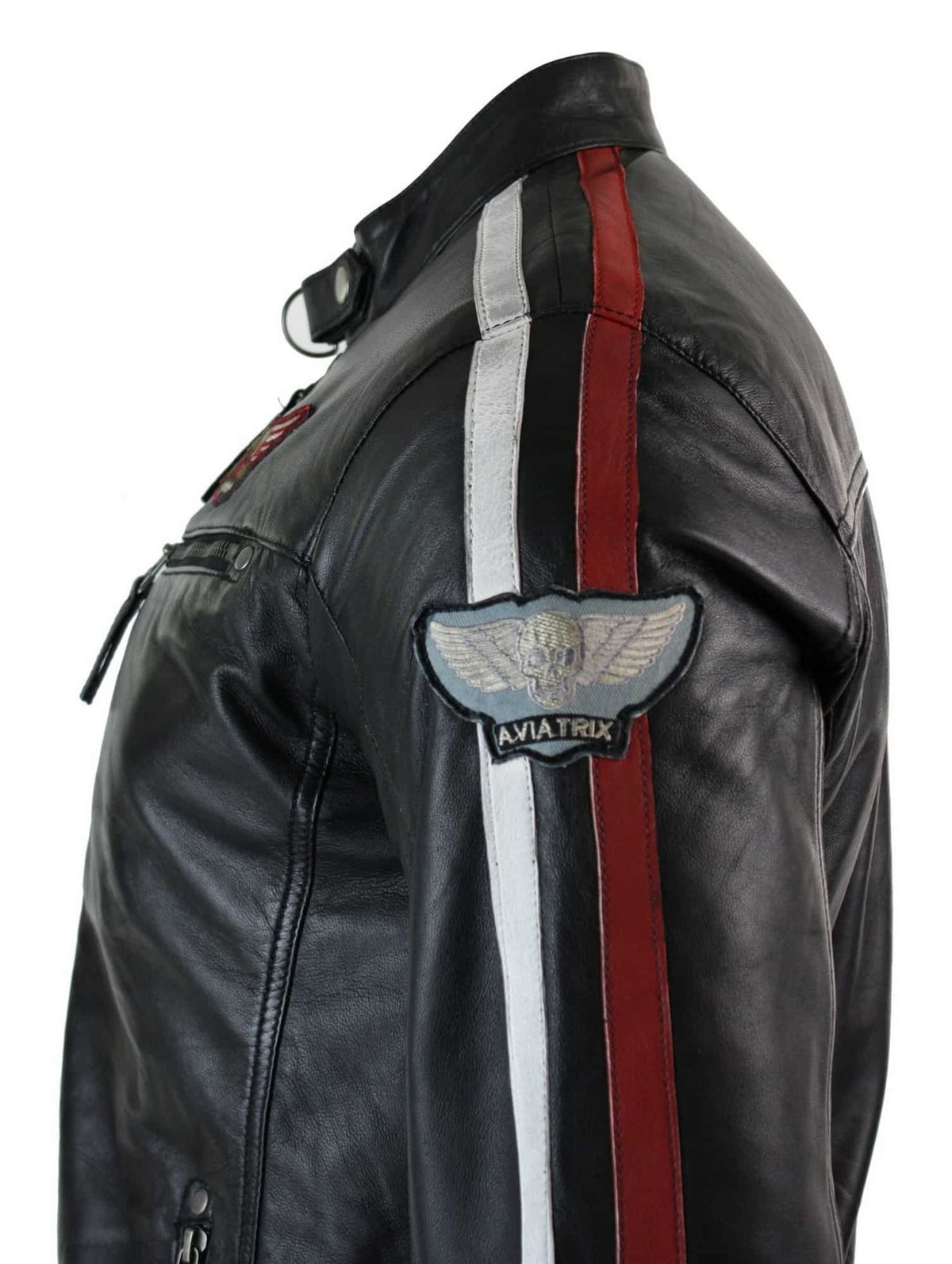 Chaqueta de motociclista negra de cuero auténtico para hombre, con cremallera y rayas rojas y blancas.