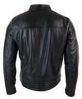 Chaqueta de motociclista negra de cuero auténtico para hombre, con cremallera y rayas rojas y blancas.