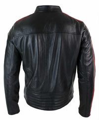 Chaqueta de motociclista negra de cuero auténtico para hombre, con cremallera y rayas rojas y blancas.