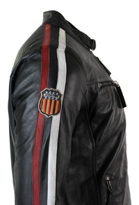 Chaqueta de motociclista negra de cuero auténtico para hombre, con cremallera y rayas rojas y blancas.