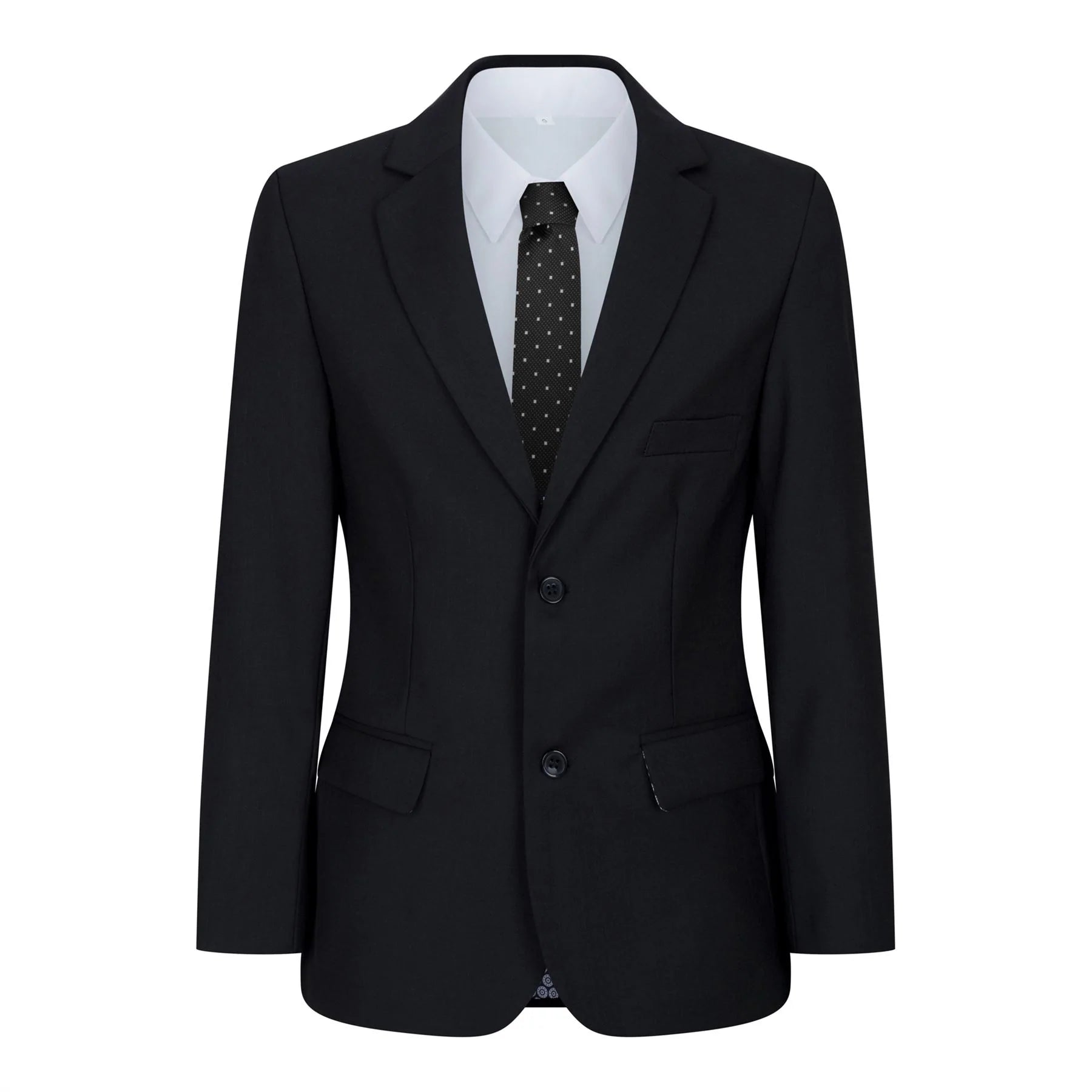 Traje negro de 5 piezas para niño: blazer, chaleco, camisa, corbata, pantalón. Ideal para bodas y funerales.