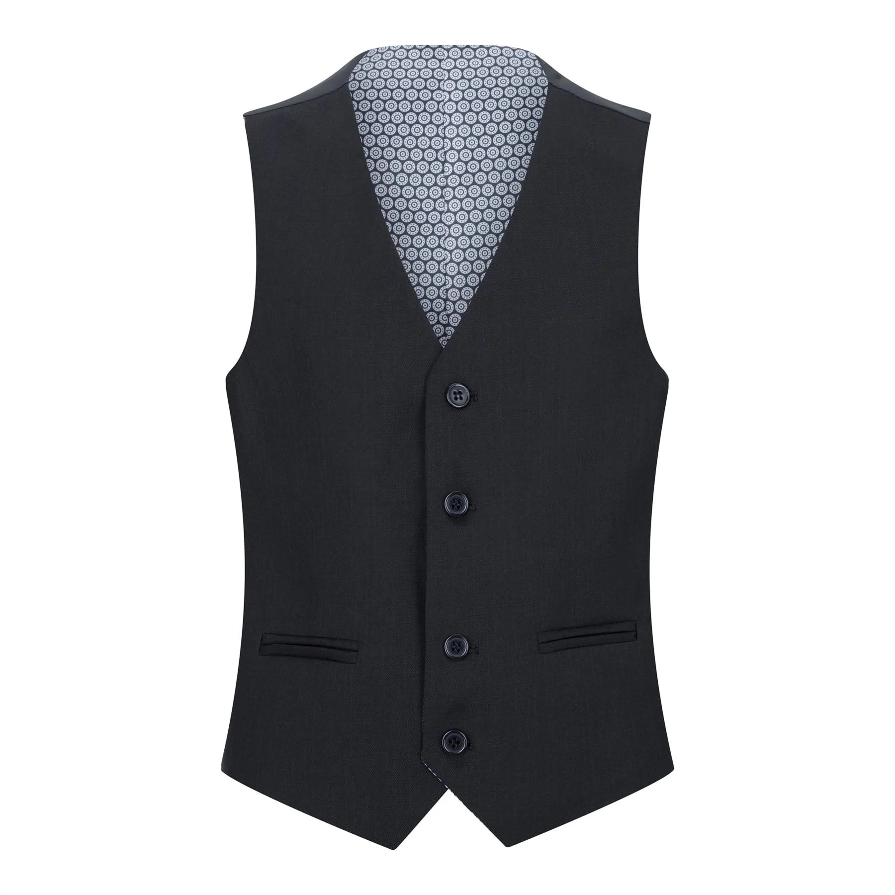 Traje negro de 5 piezas para niño: blazer, chaleco, camisa, corbata, pantalón. Ideal para bodas y funerales.