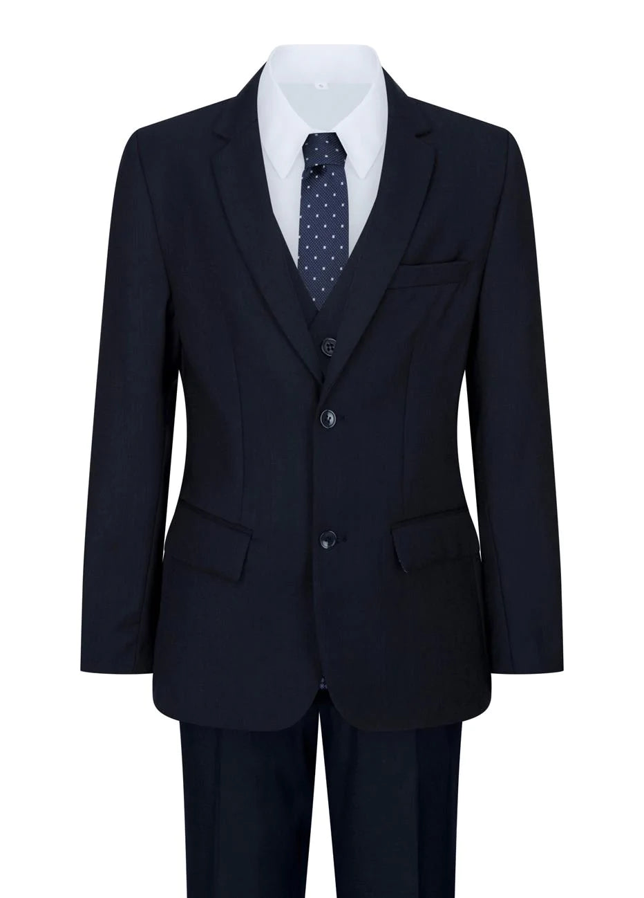 Traje azul marino de 5 piezas para niño: blazer, chaleco, camisa, corbata y pantalón para bodas y fiestas.