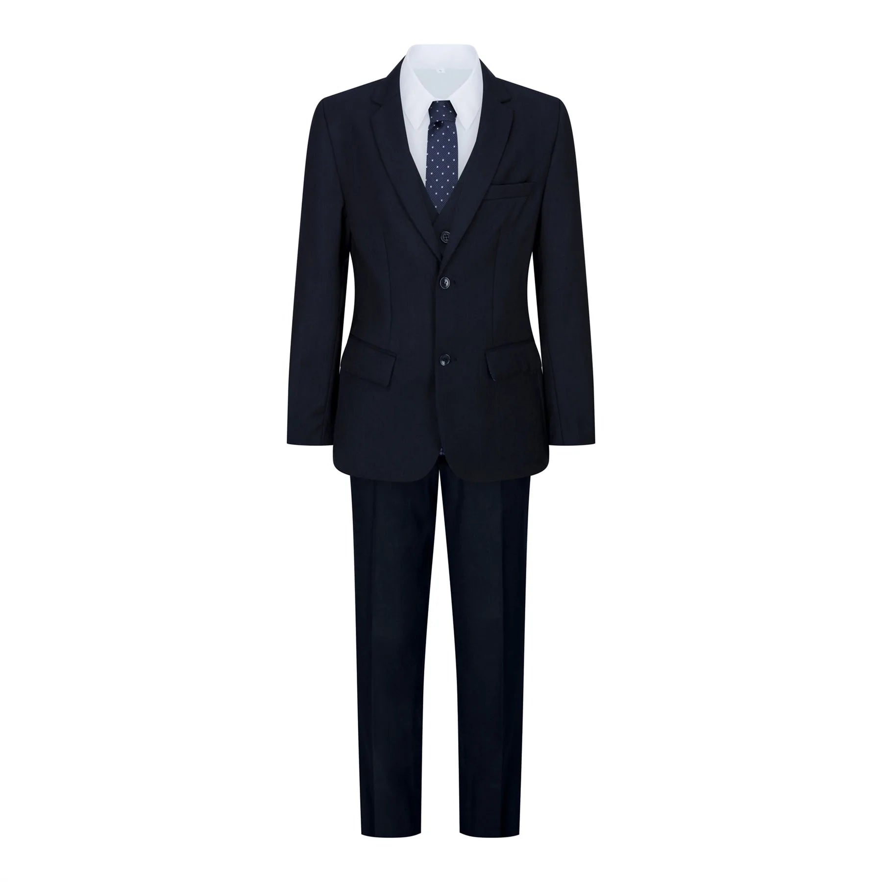 Traje azul marino de 5 piezas para niño: blazer, chaleco, camisa, corbata y pantalón para bodas y fiestas.