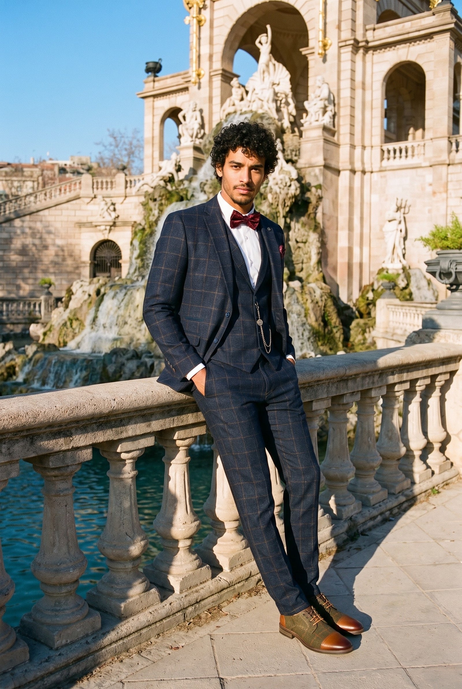 Look #728 styled with Traje de hombre de 3 piezas de lana tweed azul marino a cuadros marrones estilo Gatsby de los años 20