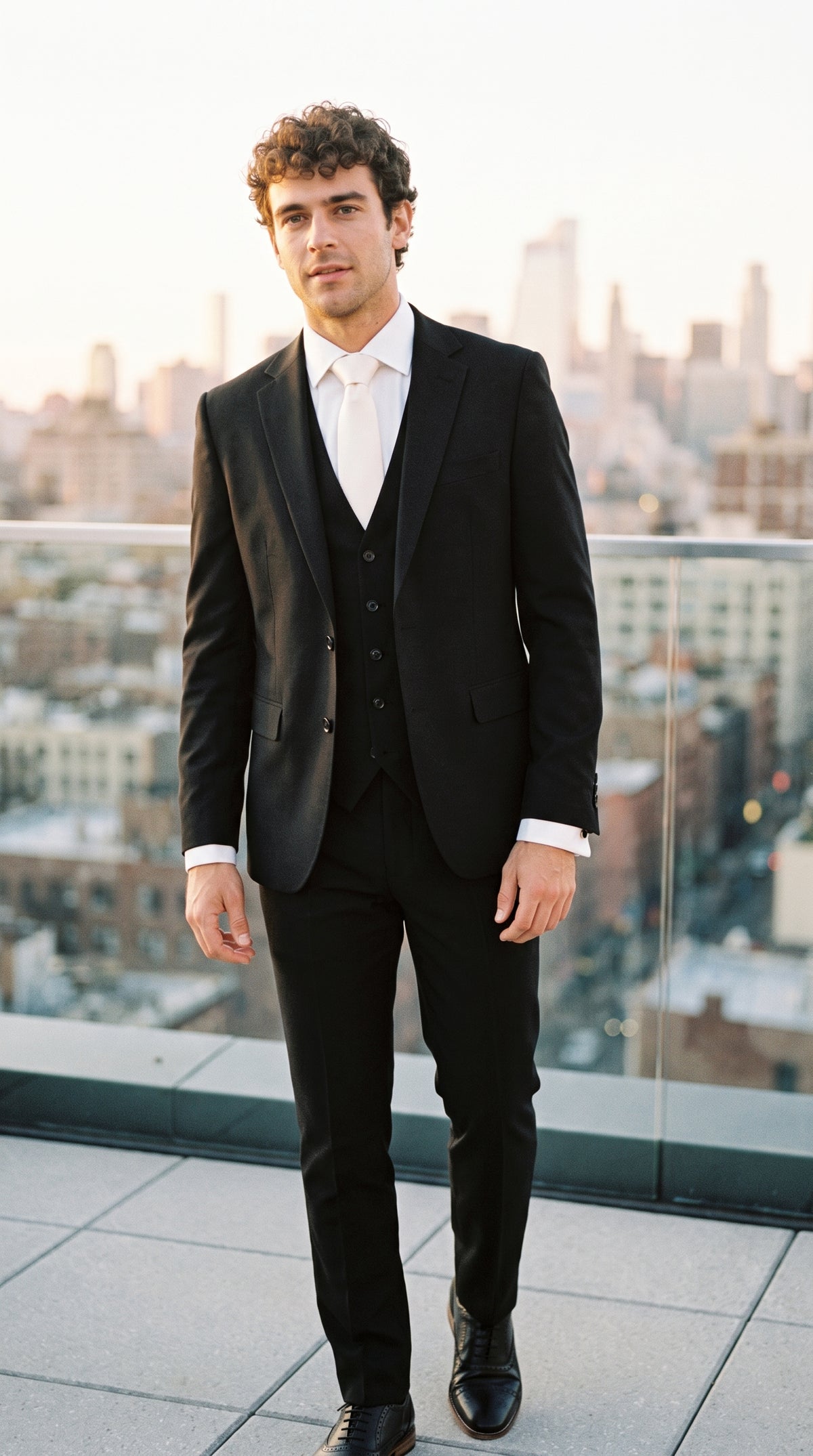 Look #818 styled with Malibu - Traje de tres piezas negro para hombre, corte sastre