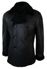 Chaqueta cruzada de piel de oveja auténtica de la Marina Real Alemana para hombre, color negro, entallada.