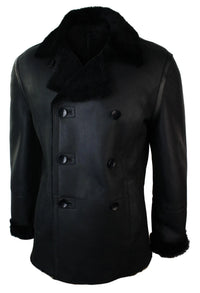 Chaqueta cruzada de piel de oveja auténtica de la Marina Real Alemana para hombre, color negro, entallada.
