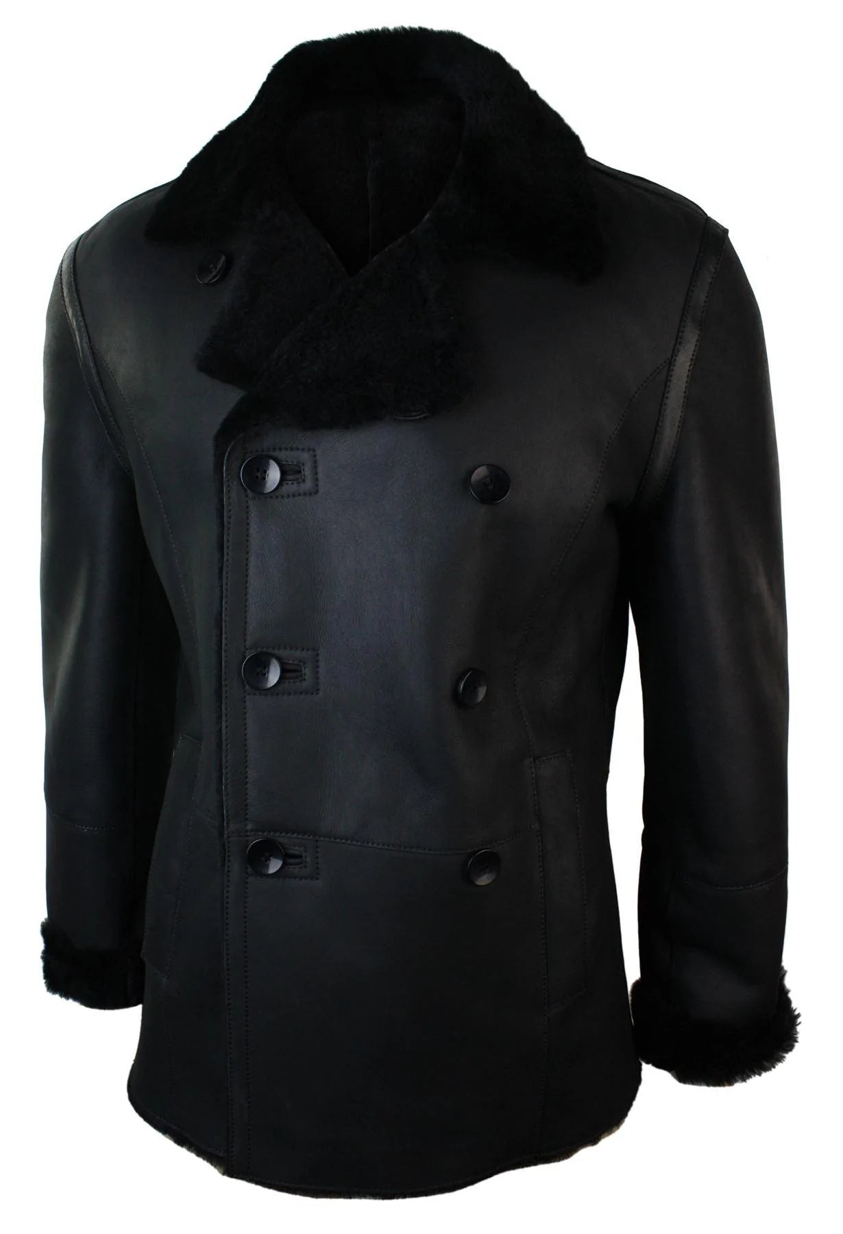 Chaqueta cruzada de piel de oveja auténtica de la Marina Real Alemana para hombre, color negro, entallada.